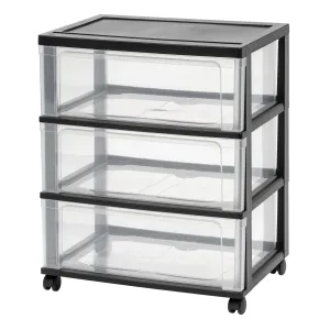3 Drawer, Wide Plastic Storage Drawer Cart, Black/Natural Clear