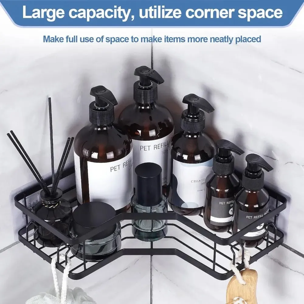 3-Piece Corner Shower Set - Rust Resistant Stainless Steel with Soap Holder, Hook & Non-Drilled Wall Mount, Black