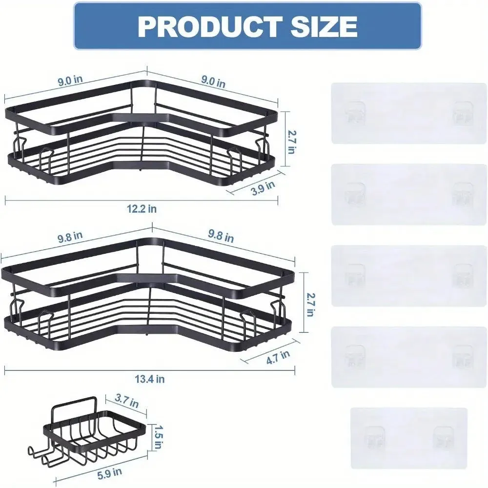 3-Piece Corner Shower Set - Rust Resistant Stainless Steel with Soap Holder, Hook & Non-Drilled Wall Mount, Black