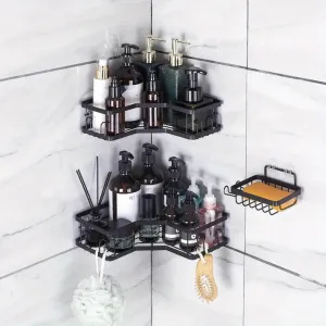 3-Piece Corner Shower Set - Rust Resistant Stainless Steel with Soap Holder, Hook & Non-Drilled Wall Mount, Black