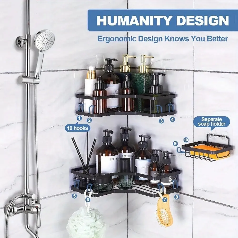 3-Piece Corner Shower Set - Rust Resistant Stainless Steel with Soap Holder, Hook & Non-Drilled Wall Mount, Black