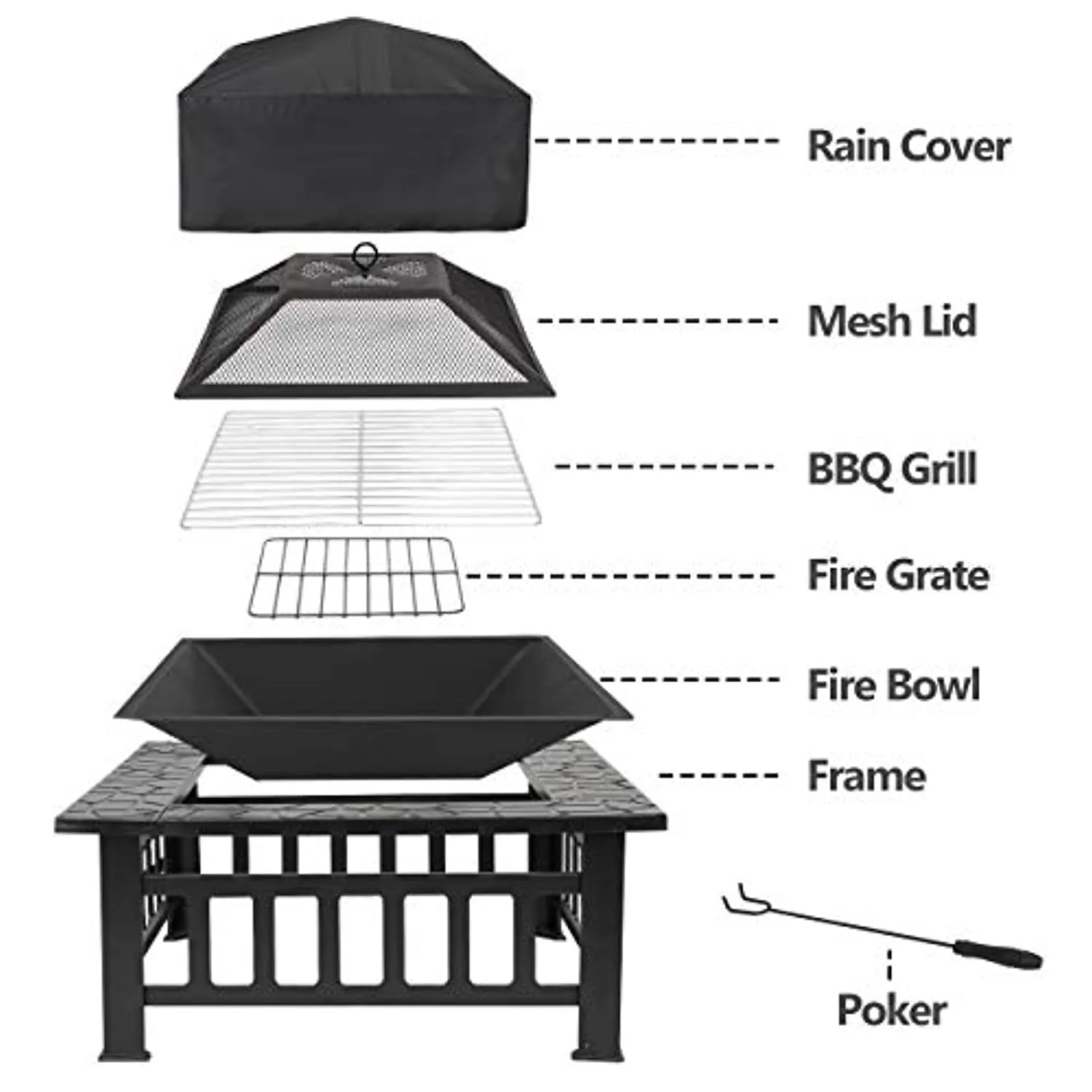 32 inch Outdoor Square Metal Firepit Backyard Patio Garden Stove Wood Burning BBQ Fire Pit with Rain Cover