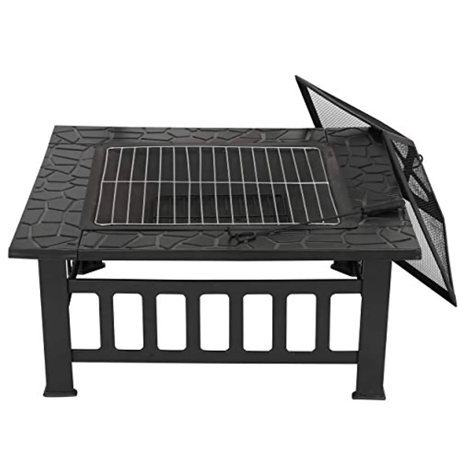 32 inch Outdoor Square Metal Firepit Backyard Patio Garden Stove Wood Burning BBQ Fire Pit with Rain Cover