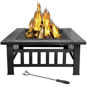 32 inch Outdoor Square Metal Firepit Backyard Patio Garden Stove Wood Burning BBQ Fire Pit with Rain Cover