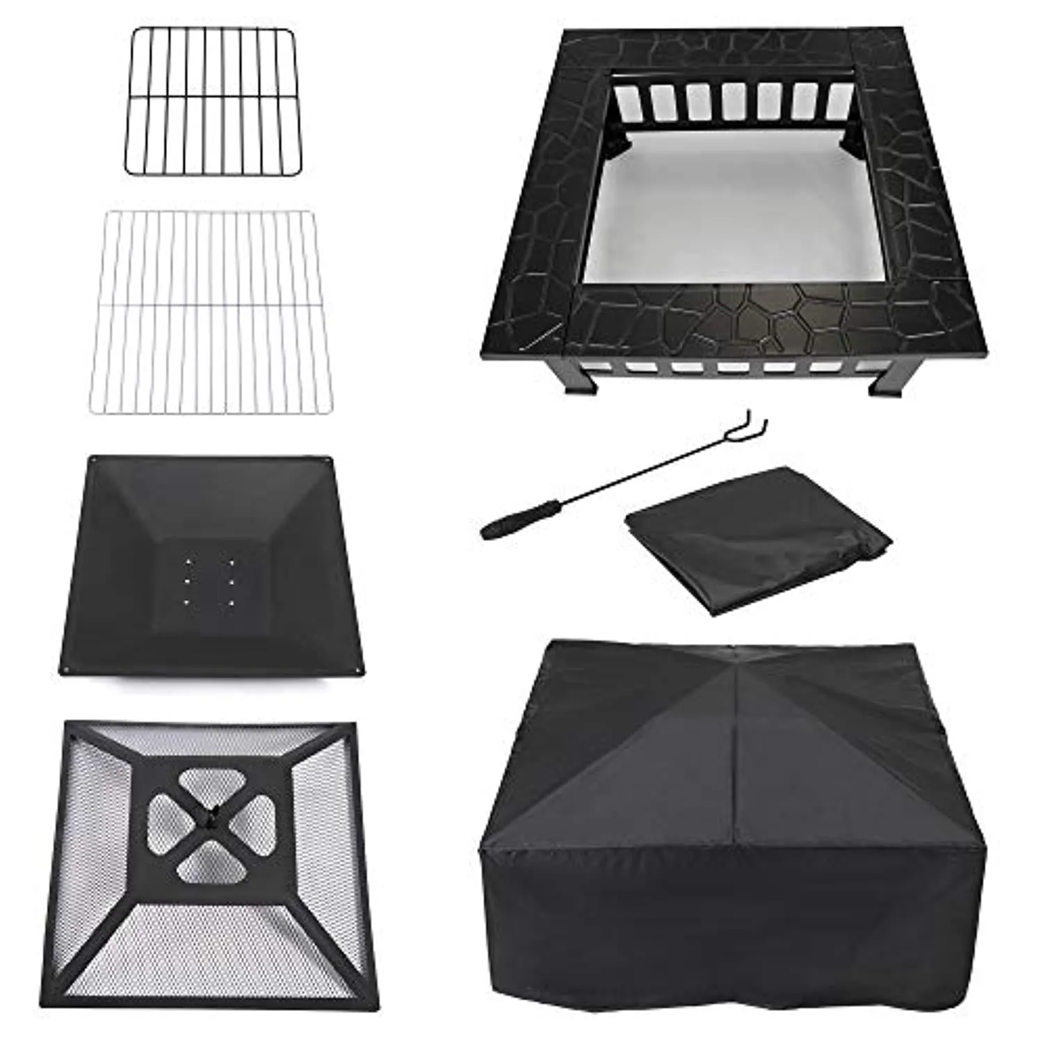 32 inch Outdoor Square Metal Firepit Backyard Patio Garden Stove Wood Burning BBQ Fire Pit with Rain Cover