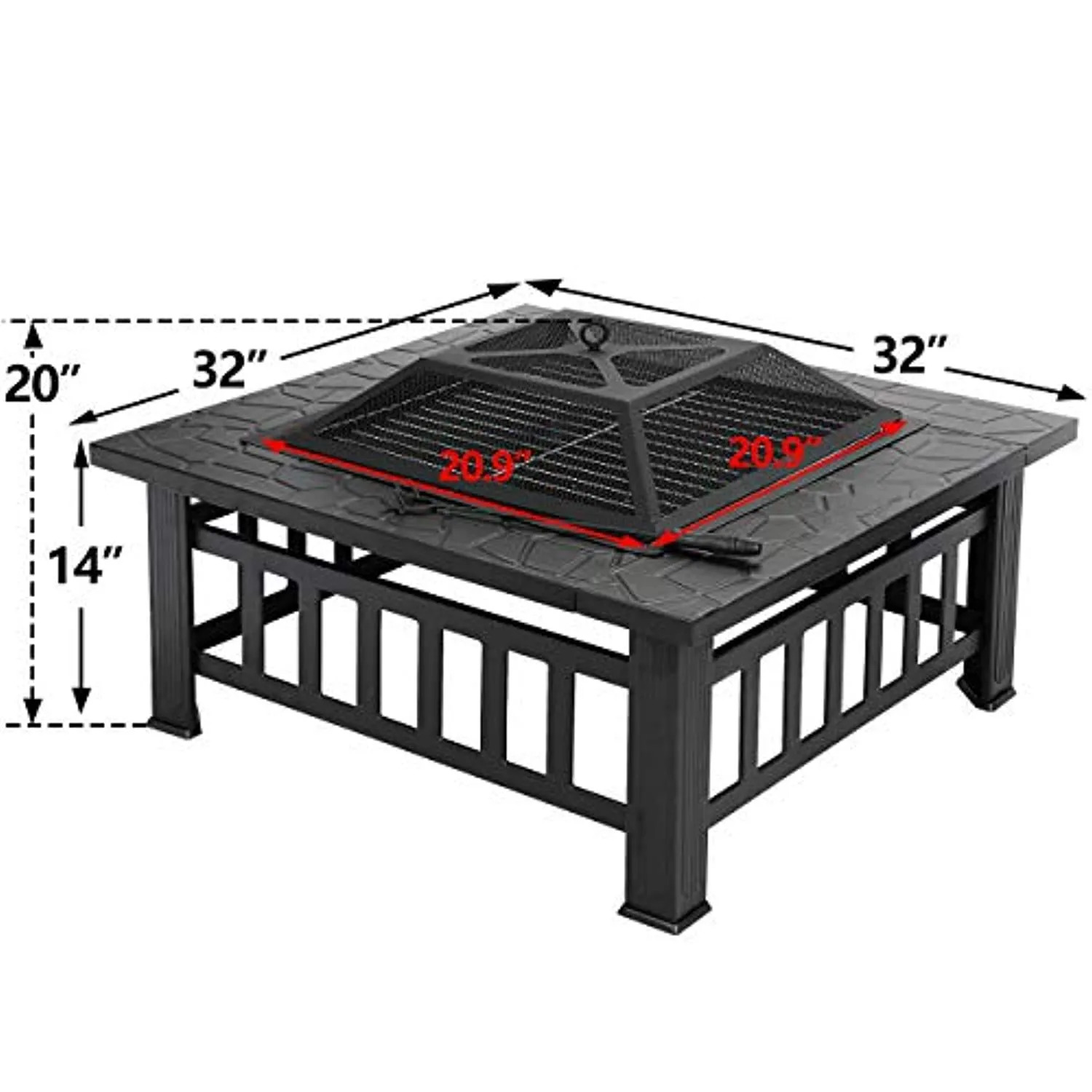 32 inch Outdoor Square Metal Firepit Backyard Patio Garden Stove Wood Burning BBQ Fire Pit with Rain Cover