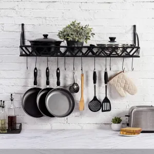 36-Inch Wall Mounted Black Metal Kitchen Cookware Storage Rack, Floating Pot Hanger Shelf with 12 Removable Hooks