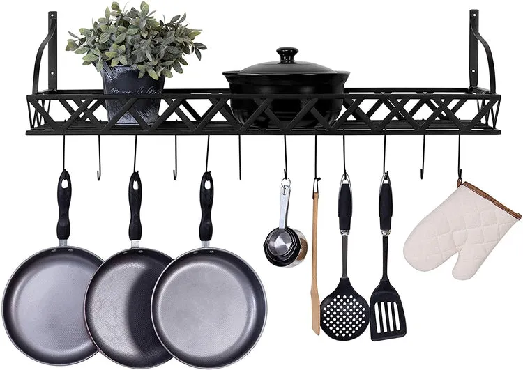 36-Inch Wall Mounted Black Metal Kitchen Cookware Storage Rack, Floating Pot Hanger Shelf with 12 Removable Hooks