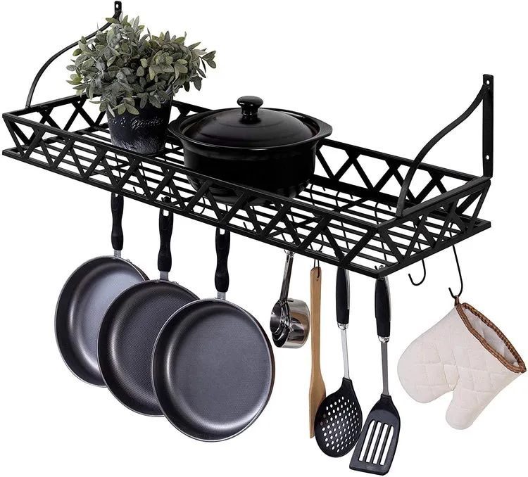 36-Inch Wall Mounted Black Metal Kitchen Cookware Storage Rack, Floating Pot Hanger Shelf with 12 Removable Hooks