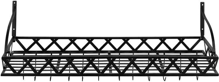 36-Inch Wall Mounted Black Metal Kitchen Cookware Storage Rack, Floating Pot Hanger Shelf with 12 Removable Hooks