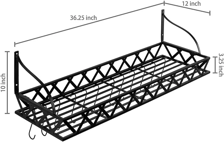36-Inch Wall Mounted Black Metal Kitchen Cookware Storage Rack, Floating Pot Hanger Shelf with 12 Removable Hooks