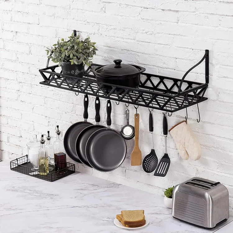 36-Inch Wall Mounted Black Metal Kitchen Cookware Storage Rack, Floating Pot Hanger Shelf with 12 Removable Hooks