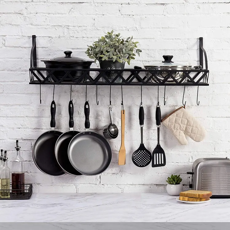 36-Inch Wall Mounted Black Metal Kitchen Cookware Storage Rack, Floating Pot Hanger Shelf with 12 Removable Hooks