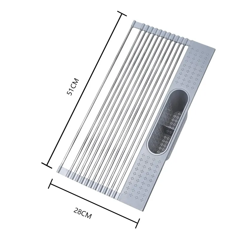 AA Faucet Grey Stainless Steel Roll-Up Dish Drying Rack with Utensil Caddy (AR-28CM-GY)