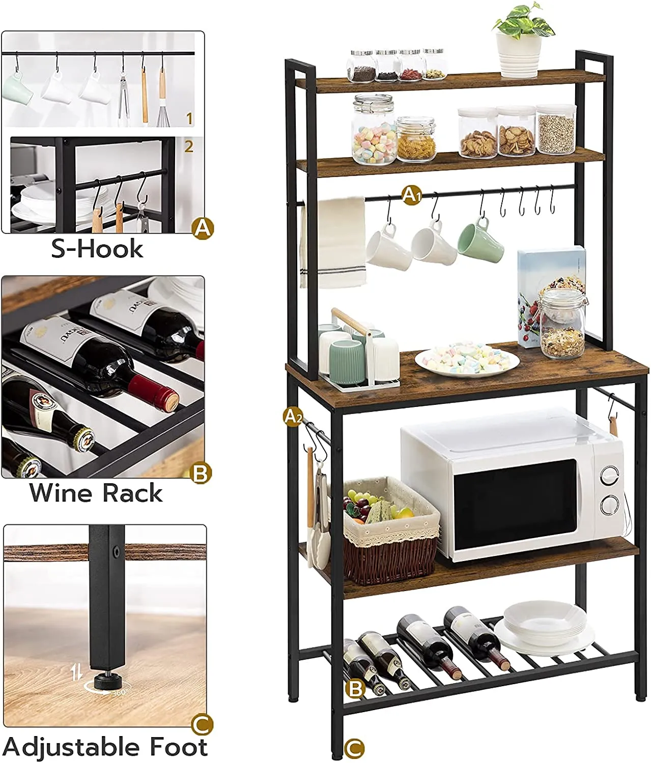 Baker's Rack, Kitchen Storage Shelf Rack with Adjustable Bottom Shelf