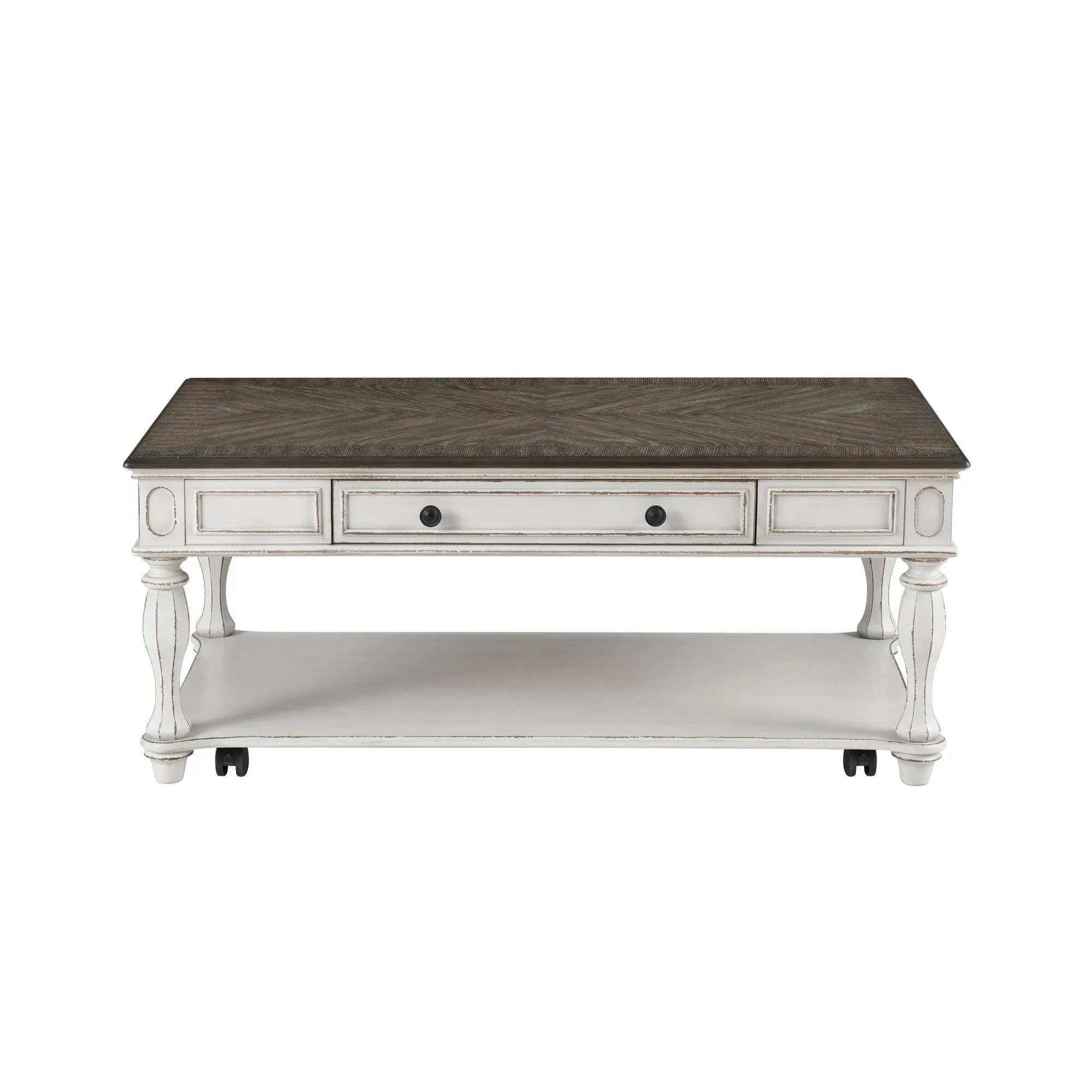 Benzara 20 Inch 1 Drawer Coffee Table with Bottom Shelf, White and Brown