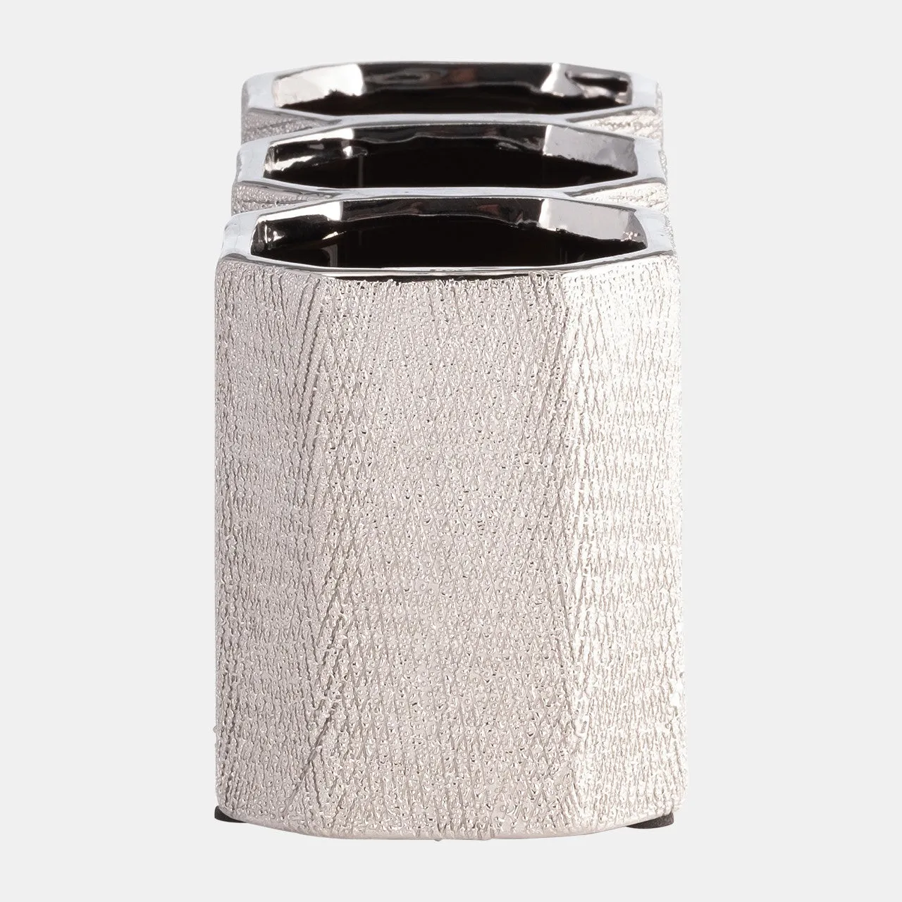 Ceramic 4" 3-cup Pencil Holder, Silver