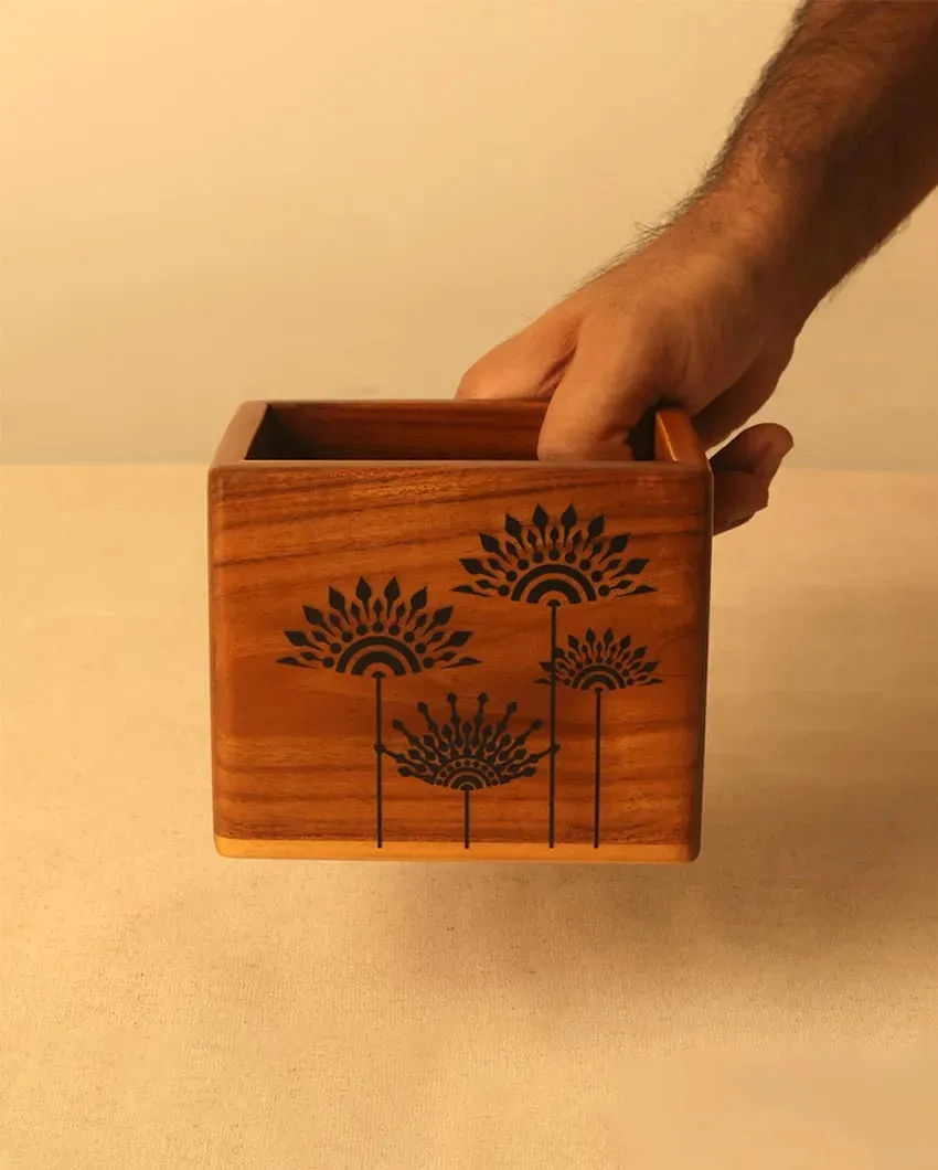 Compact Teak Wood Spoon Holder | Single | 4.75 x 3.5 x 4 inches