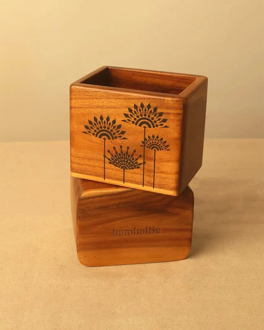 Compact Teak Wood Spoon Holder | Single | 4.75 x 3.5 x 4 inches