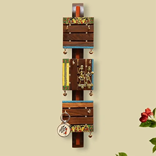 ExclusiveLane Brass, Wood and Colour Madhubani Handpainted Sheesham Wood Home Decorative Keychain Holder Key Hangers Key Stand & Wooden Hanging Key Holder for Wall (Natural Dark Brown) (EL-012-059)