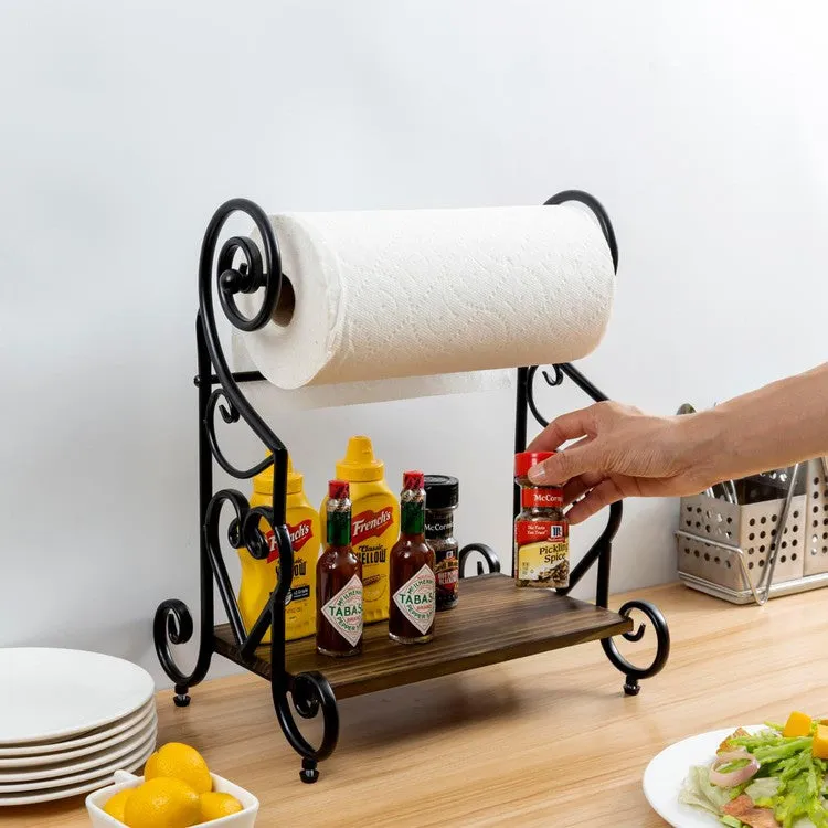 Freestanding Black Metal Heart Scrollwork Paper Towel Holder with Burnt Wood Shelf for Spice Jars and Condiment Bottles