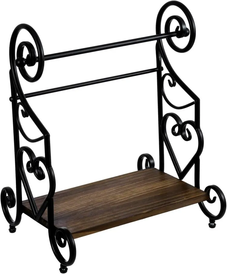 Freestanding Black Metal Heart Scrollwork Paper Towel Holder with Burnt Wood Shelf for Spice Jars and Condiment Bottles