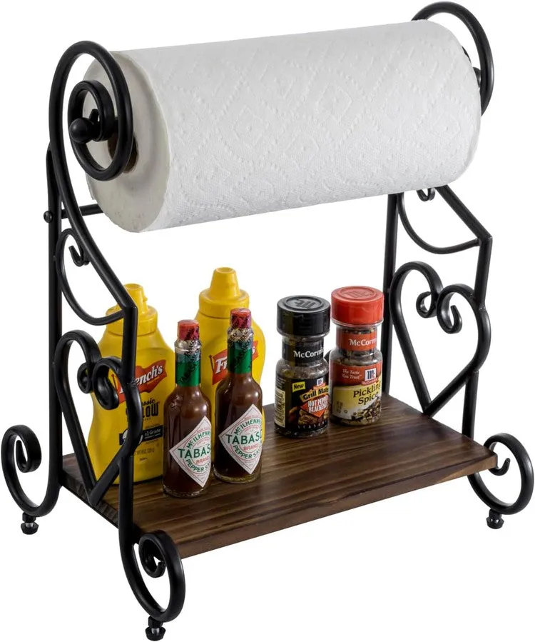 Freestanding Black Metal Heart Scrollwork Paper Towel Holder with Burnt Wood Shelf for Spice Jars and Condiment Bottles