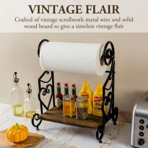 Freestanding Black Metal Heart Scrollwork Paper Towel Holder with Burnt Wood Shelf for Spice Jars and Condiment Bottles