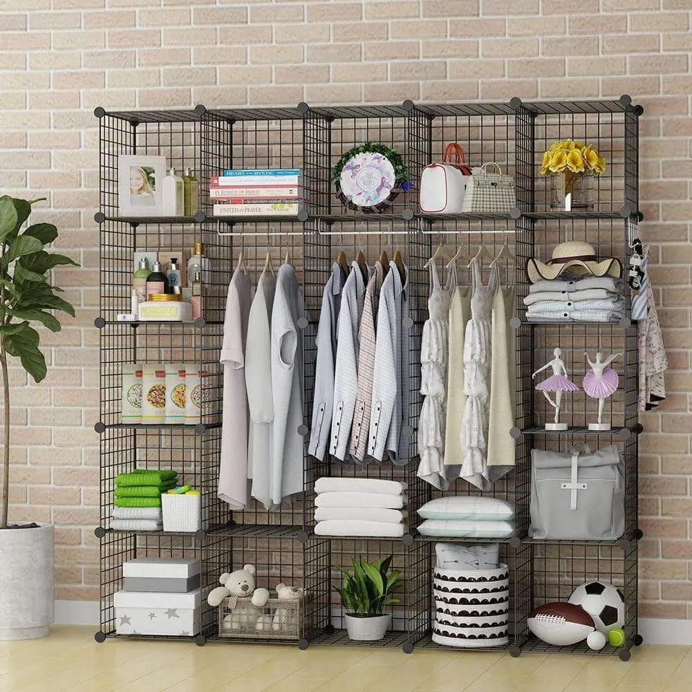 GEORGE&DANIS Wire Storage Cubes Metal Shelving Unit Portable Closet Wardrobe Organizer Multi-use Rack Modular Cubbies, Black, 14 inches Depth, 5x5 Tiers