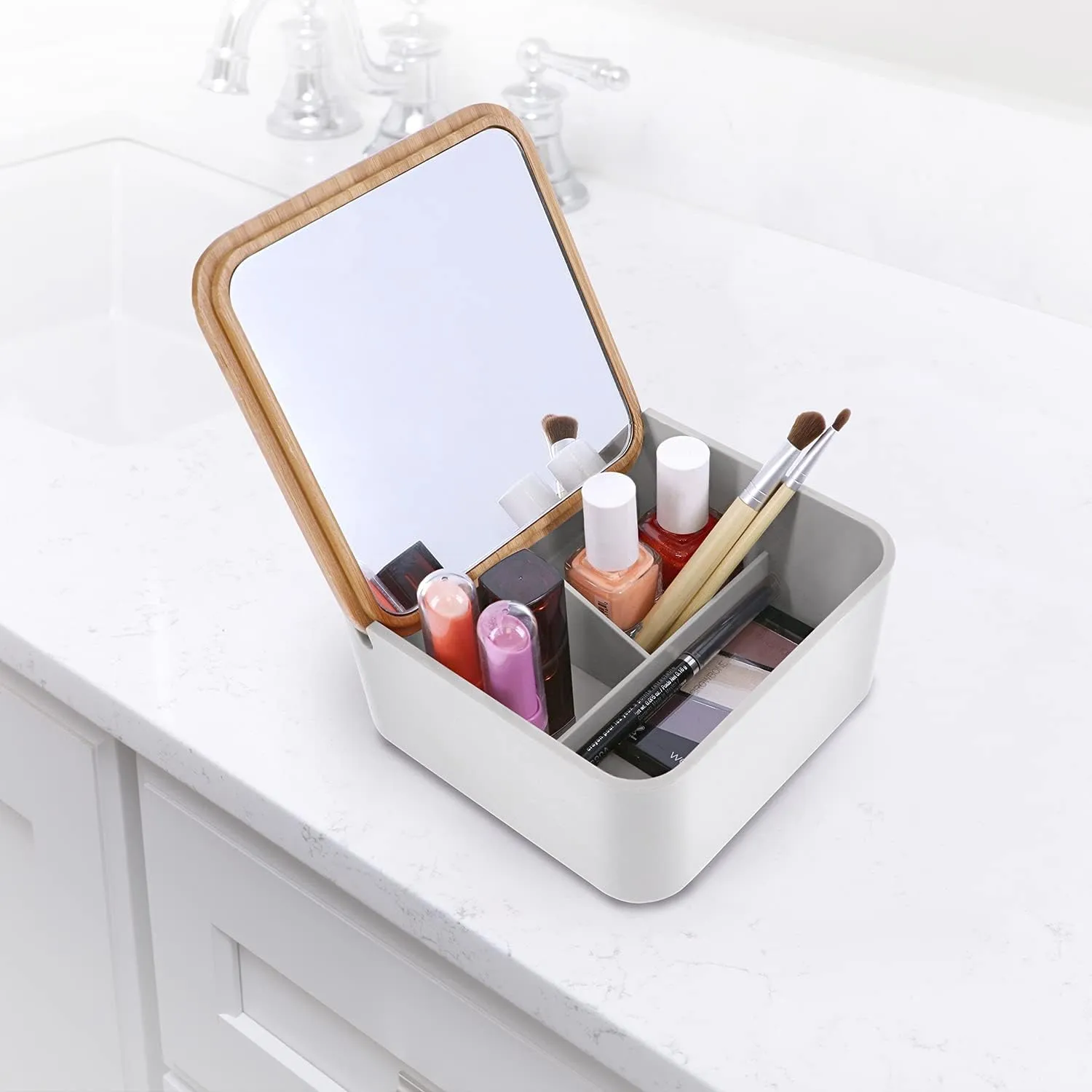 Ginsey Home Solutions Bamboo Organizer with Mirror - Stackable, Multi-Use Storage, Cosmetic and Jewelry Organizer