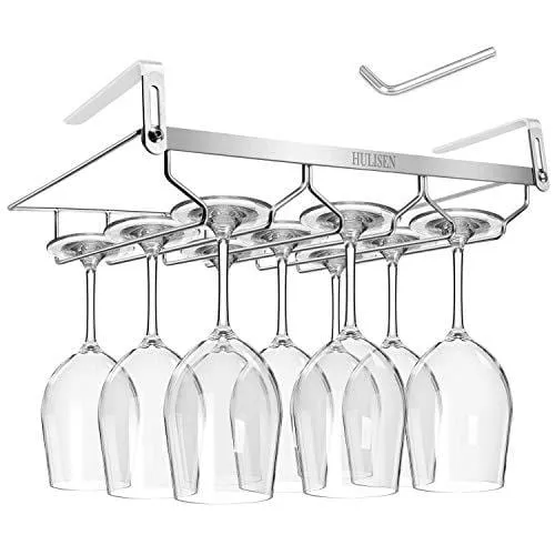 HULISEN 0.4 -1.38 inch Adjustable Thickness Wine Glass Rack Under Cabinet, 3 Rows Stemware Rack, 18/8 Stainless Steel Glasses Holder Storage Hanger for Kitchen, Bar