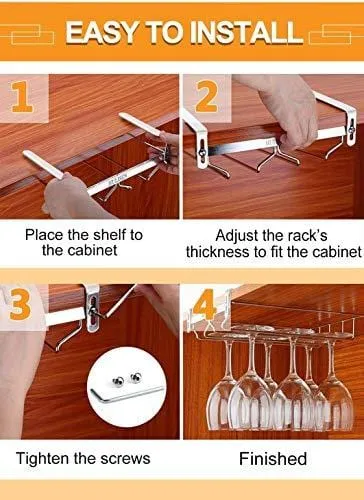 HULISEN 0.4 -1.38 inch Adjustable Thickness Wine Glass Rack Under Cabinet, 3 Rows Stemware Rack, 18/8 Stainless Steel Glasses Holder Storage Hanger for Kitchen, Bar