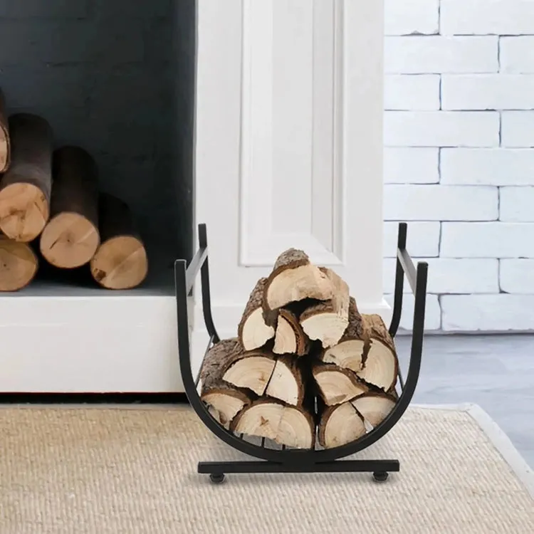 Industrial Firewood Rack, Matte Black Metal Freestanding U-Shape Log Holder, Compact Fireplace Storage Firewood Caddy