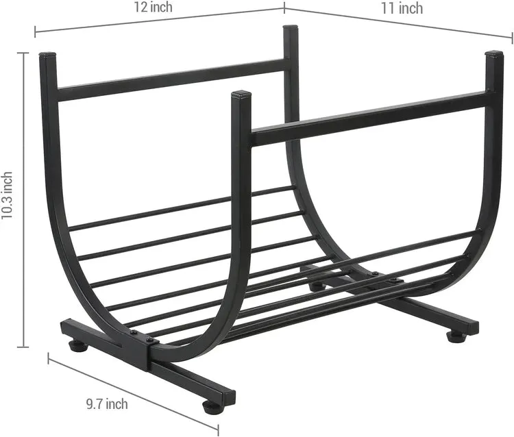 Industrial Firewood Rack, Matte Black Metal Freestanding U-Shape Log Holder, Compact Fireplace Storage Firewood Caddy