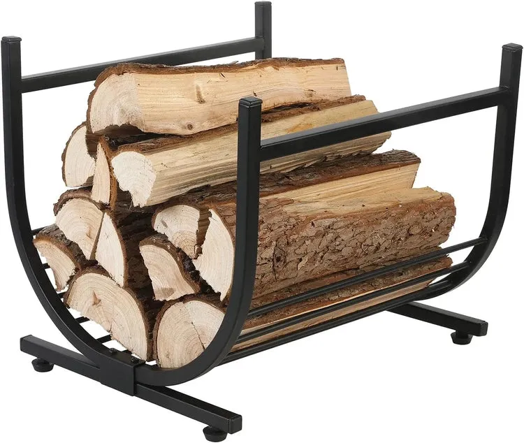 Industrial Firewood Rack, Matte Black Metal Freestanding U-Shape Log Holder, Compact Fireplace Storage Firewood Caddy