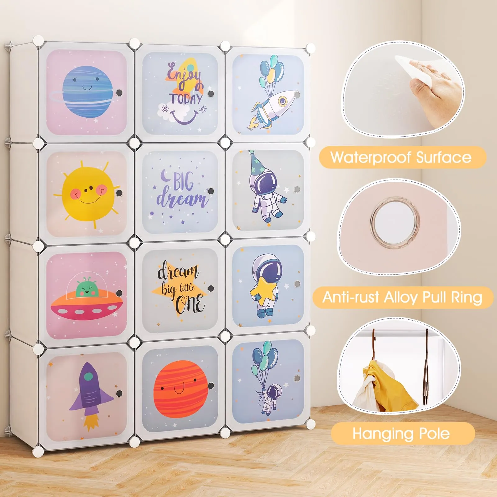 INFANS Children Wardrobe, Cute for Kids Bedroom Nursery Armoire with 12 Cube, Kid Clothes Storage Organizer