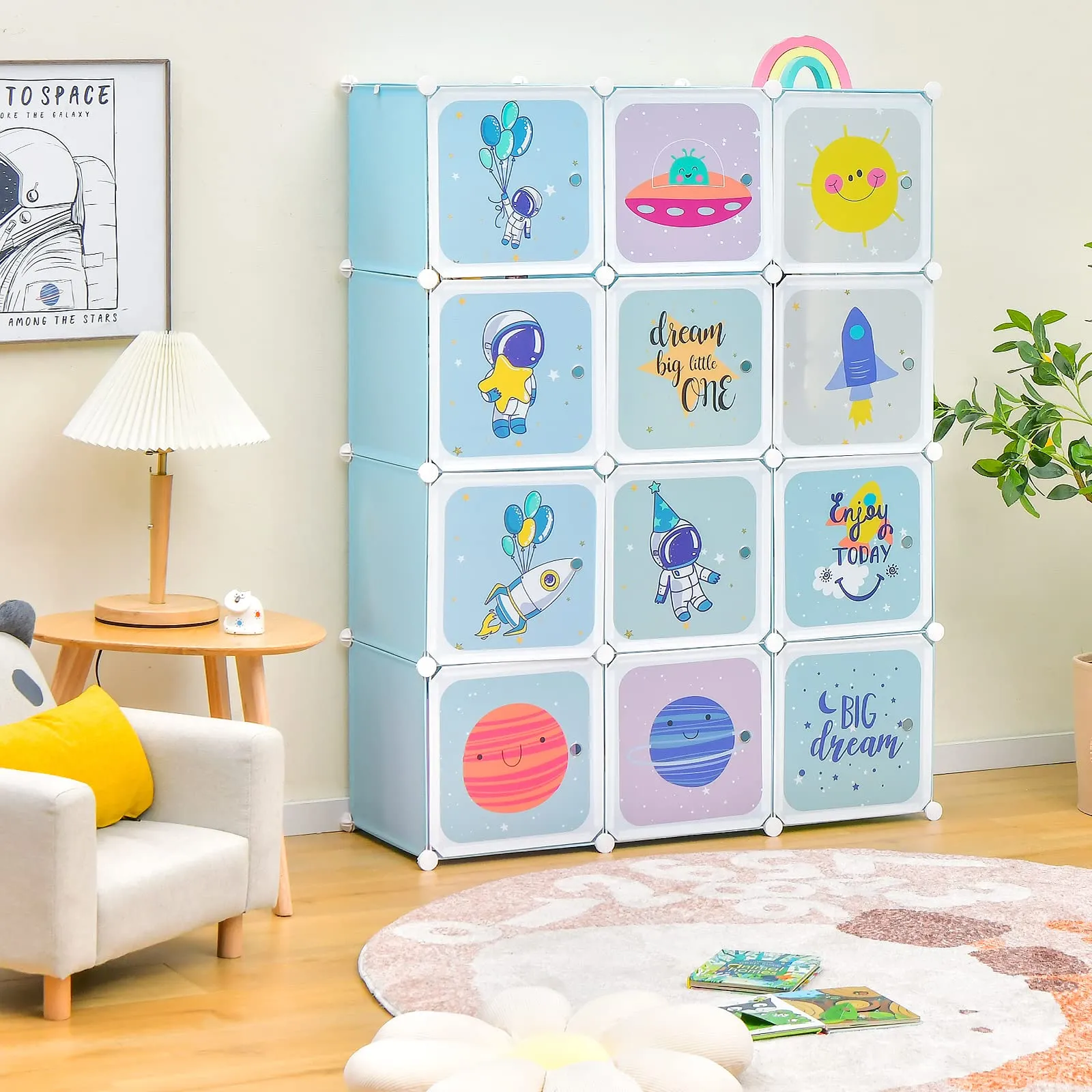 INFANS Children Wardrobe, Cute for Kids Bedroom Nursery Armoire with 12 Cube, Kid Clothes Storage Organizer