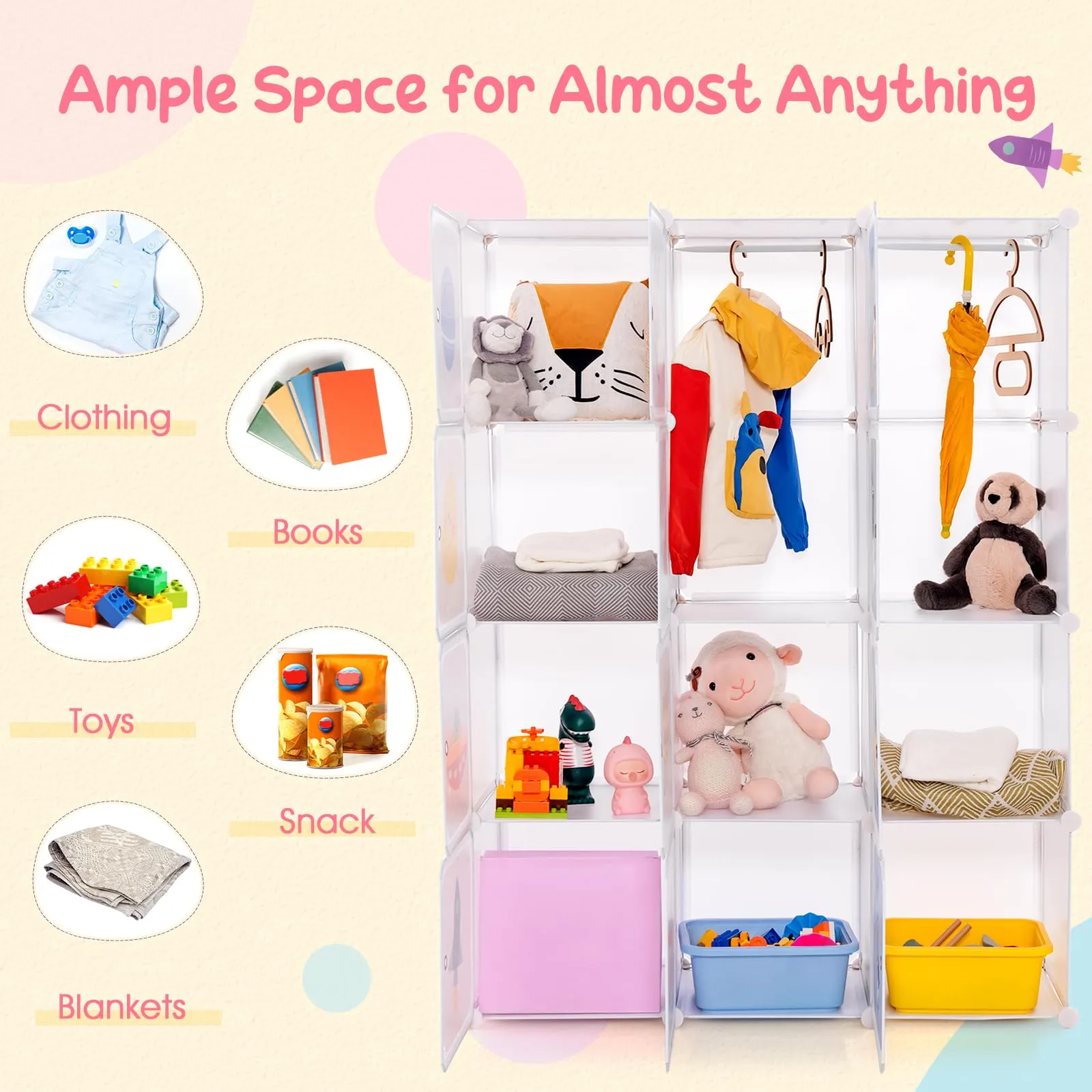 INFANS Children Wardrobe, Cute for Kids Bedroom Nursery Armoire with 12 Cube, Kid Clothes Storage Organizer