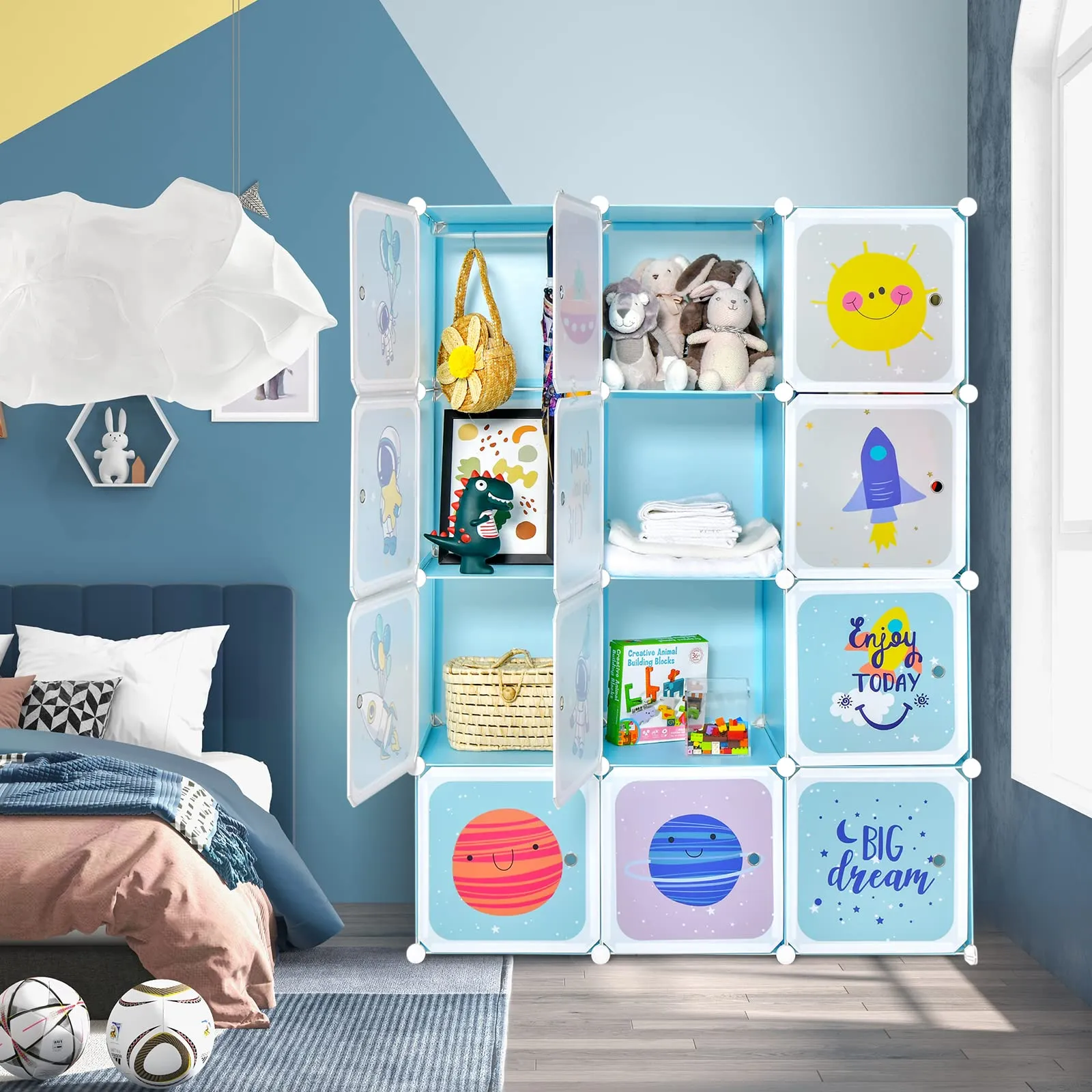 INFANS Children Wardrobe, Cute for Kids Bedroom Nursery Armoire with 12 Cube, Kid Clothes Storage Organizer