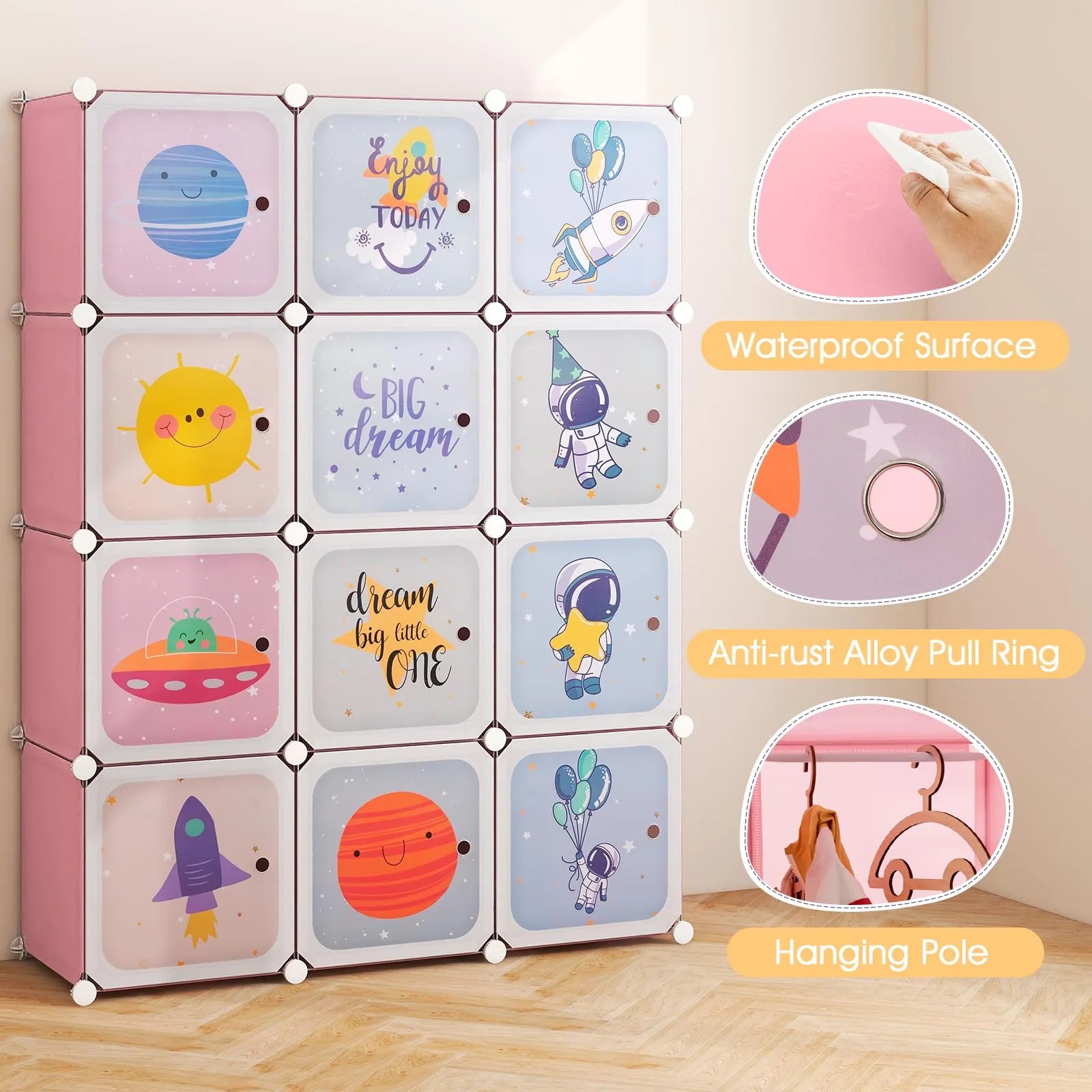 INFANS Children Wardrobe, Cute for Kids Bedroom Nursery Armoire with 12 Cube, Kid Clothes Storage Organizer