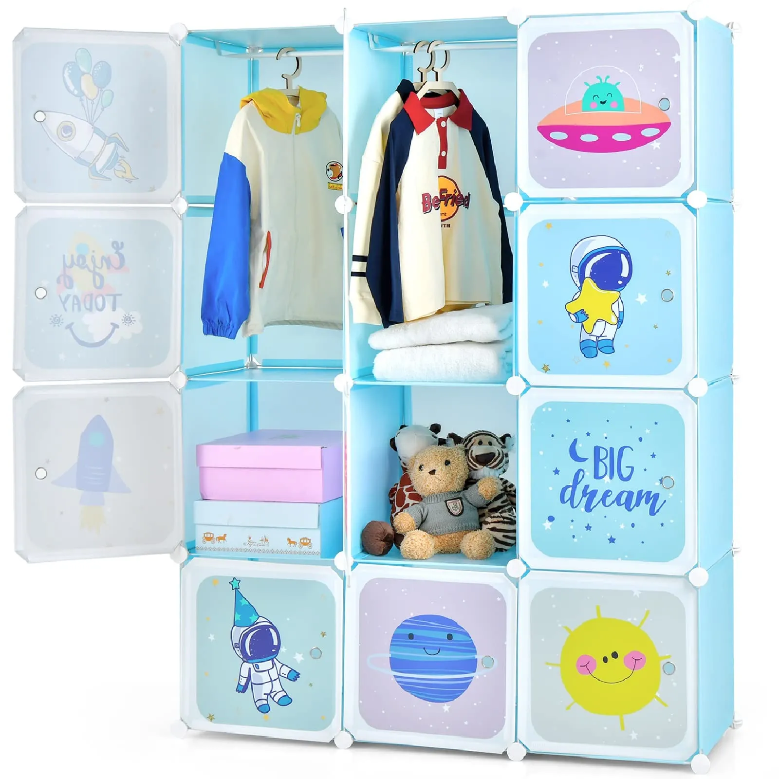 INFANS Children Wardrobe, Cute for Kids Bedroom Nursery Armoire with 12 Cube, Kid Clothes Storage Organizer