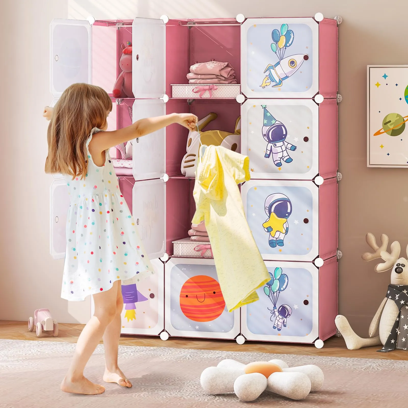 INFANS Children Wardrobe, Cute for Kids Bedroom Nursery Armoire with 12 Cube, Kid Clothes Storage Organizer