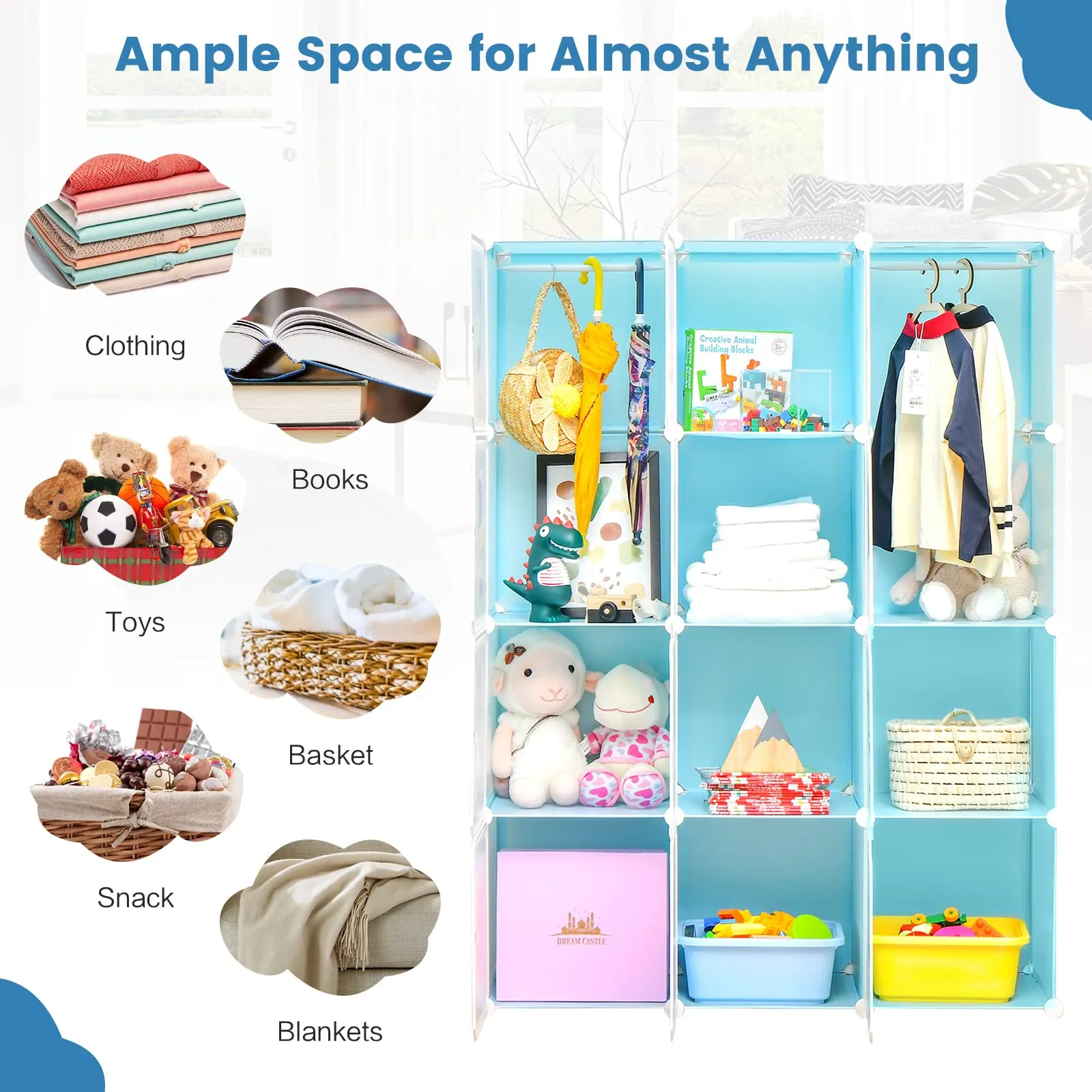 INFANS Children Wardrobe, Cute for Kids Bedroom Nursery Armoire with 12 Cube, Kid Clothes Storage Organizer