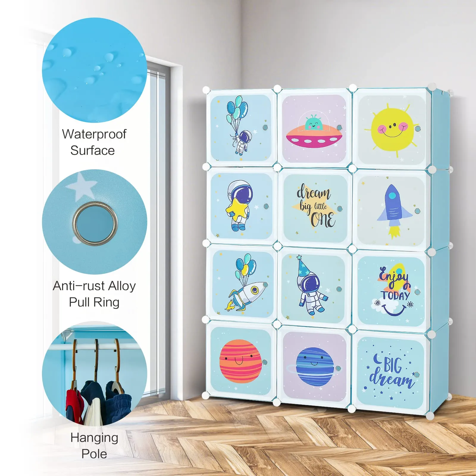 INFANS Children Wardrobe, Cute for Kids Bedroom Nursery Armoire with 12 Cube, Kid Clothes Storage Organizer