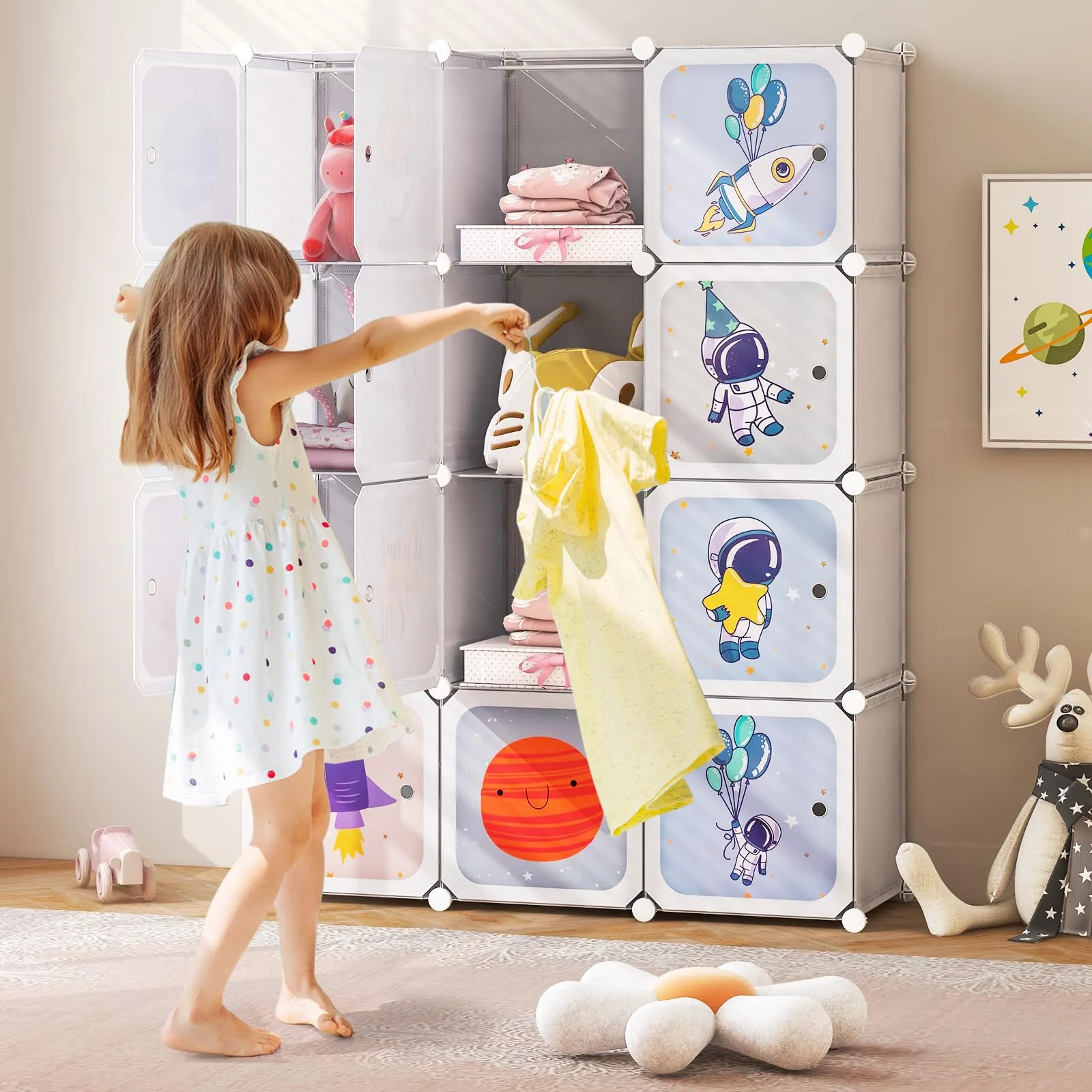 INFANS Children Wardrobe, Cute for Kids Bedroom Nursery Armoire with 12 Cube, Kid Clothes Storage Organizer