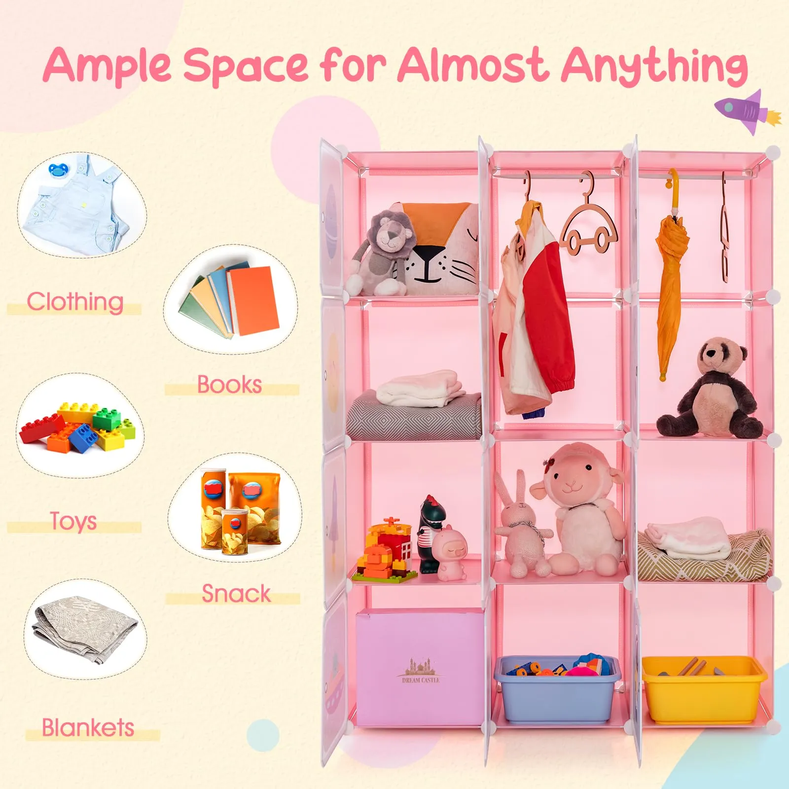 INFANS Children Wardrobe, Cute for Kids Bedroom Nursery Armoire with 12 Cube, Kid Clothes Storage Organizer