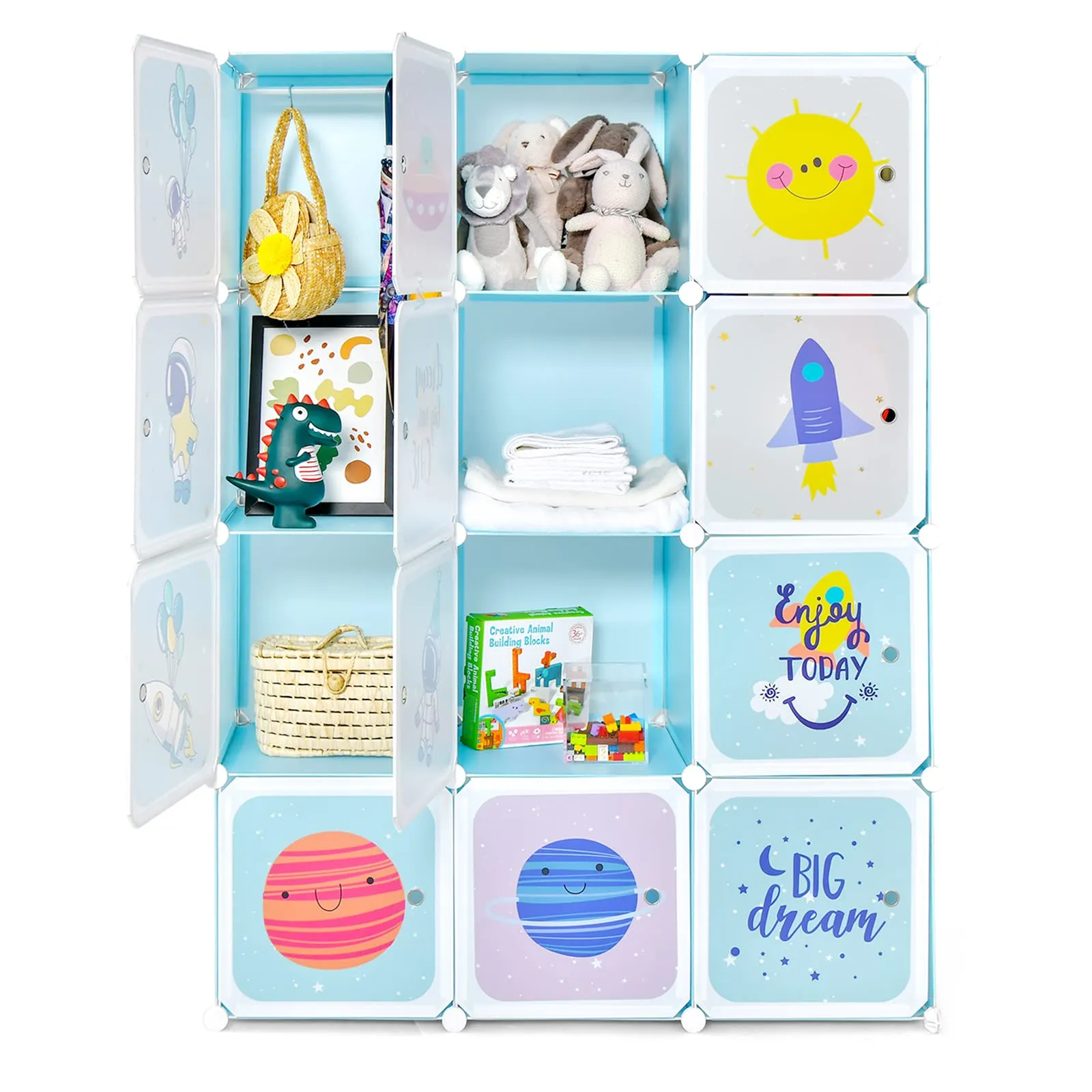 INFANS Children Wardrobe, Cute for Kids Bedroom Nursery Armoire with 12 Cube, Kid Clothes Storage Organizer