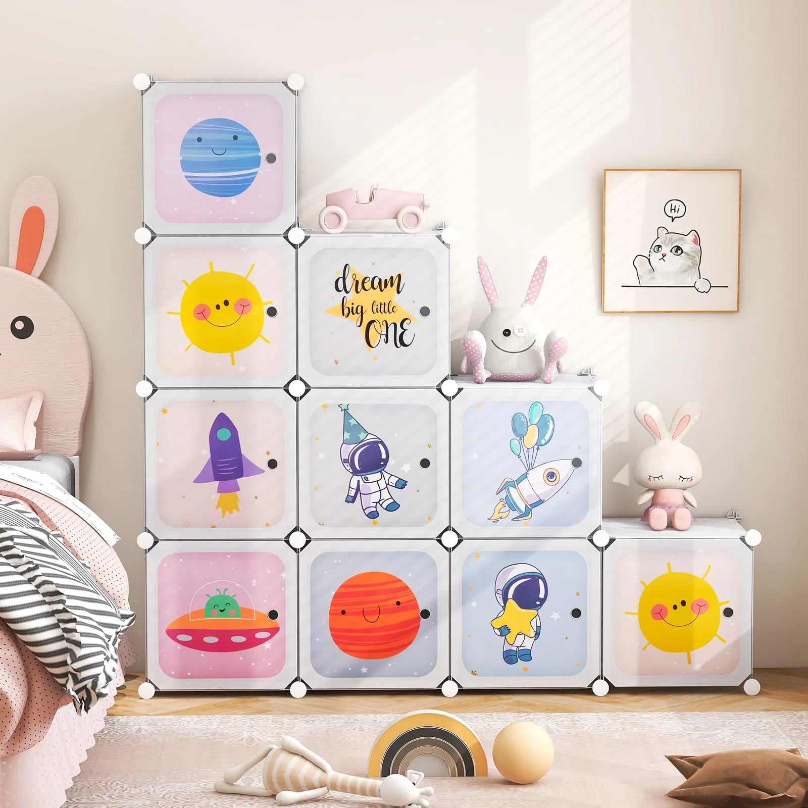 INFANS Children Wardrobe, Cute for Kids Bedroom Nursery Armoire with 12 Cube, Kid Clothes Storage Organizer