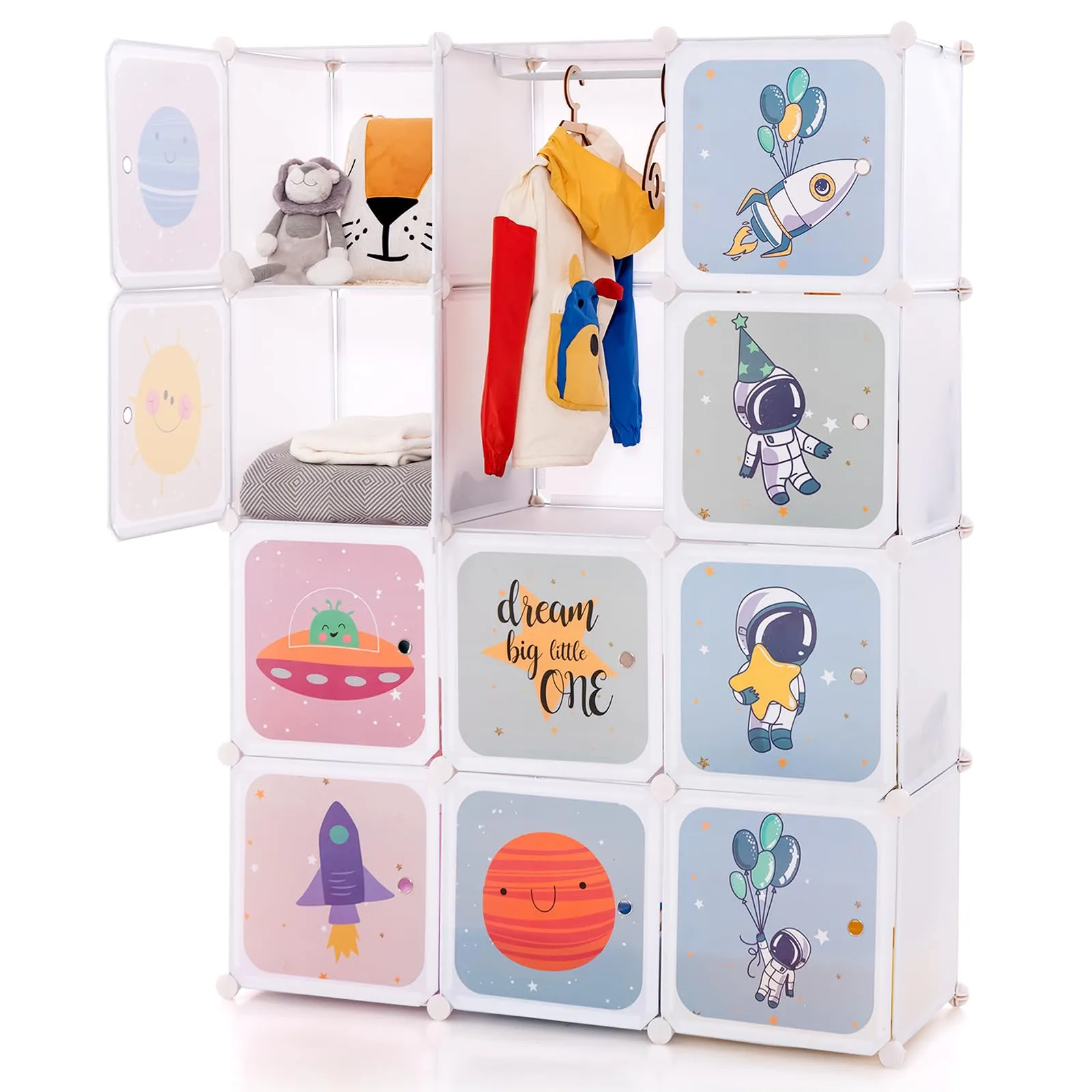 INFANS Children Wardrobe, Cute for Kids Bedroom Nursery Armoire with 12 Cube, Kid Clothes Storage Organizer