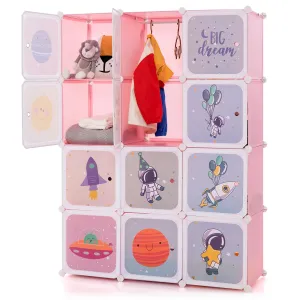INFANS Children Wardrobe, Cute for Kids Bedroom Nursery Armoire with 12 Cube, Kid Clothes Storage Organizer
